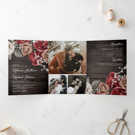 Rustic Wood Burgundy Rote Rosen Foto Wedding Dreifach Gefaltete Einladung (Innenseite)