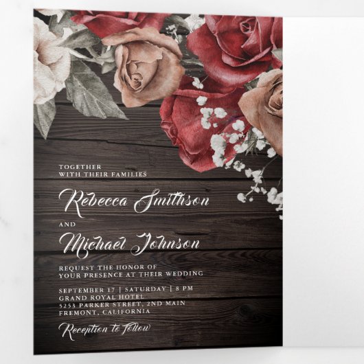 Rustic Wood Burgundy Rote Rosen Foto Wedding Dreifach Gefaltete Einladung (Innen Erste Seite)