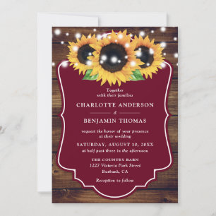 Rustic Wood Burgundy Sonnenblume Hochzeit Einladung