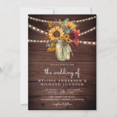 Rustic Wood Burgundy Sonnenblumen Mason Jar Weddin Einladung (Vorderseite)