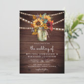 Rustic Wood Burgundy Sonnenblumen Mason Jar Weddin Einladung (Stehend Vorderseite)