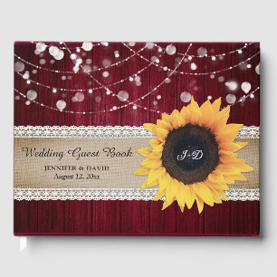 Rustic Wood Burgundy Sunflower Wedding Gästebuch