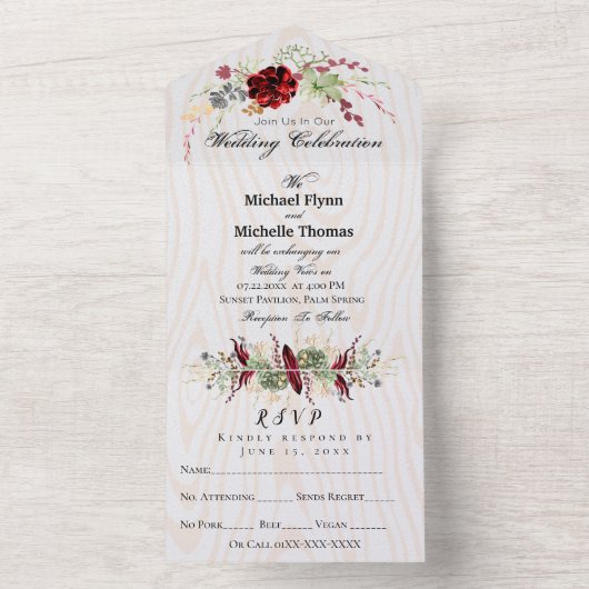 Rustic Wood Burgundy Wedding All In One Einladung (Innen Boden)