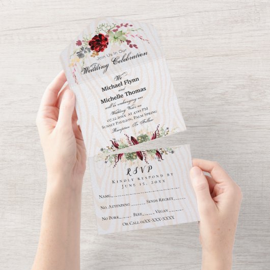 Rustic Wood Burgundy Wedding All In One Einladung (Abreißen)