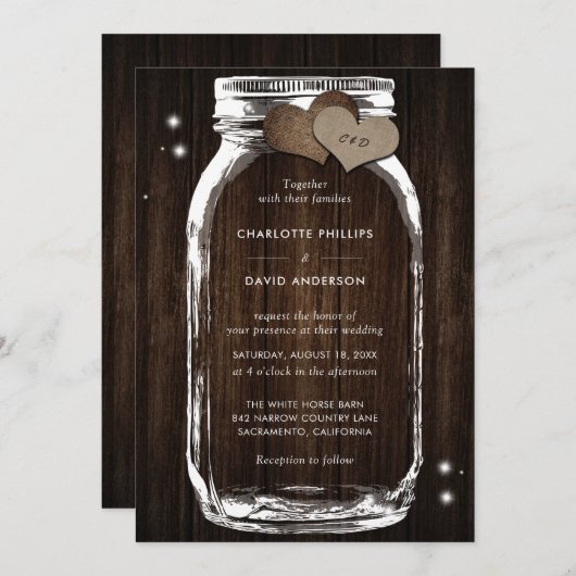 Rustic Wood Burlap Hearts Mason Jar Wedding Einladung (Vorne/Hinten)