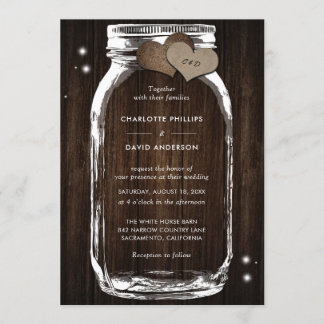 Rustic Wood Burlap Hearts Mason Jar Wedding Einladung