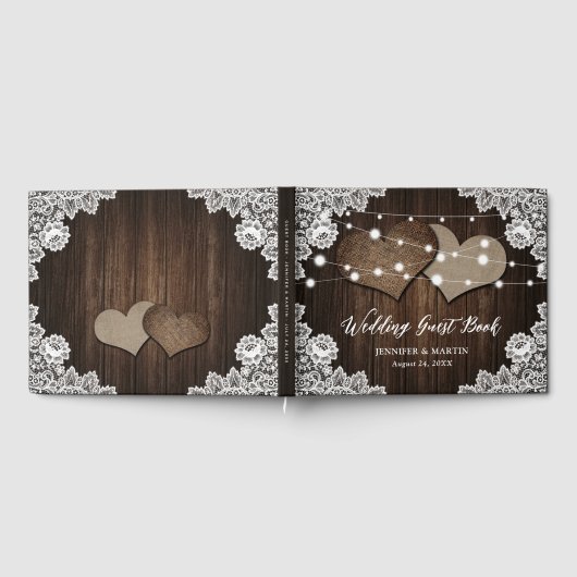 Rustic Wood Burlap Hearts Wedding Gästebuch (Voll)