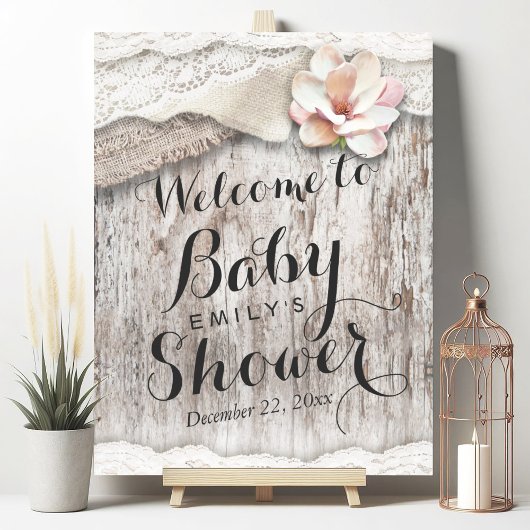Rustic Wood Burlap Lace Baby Dusche Begrüßungszeic Poster