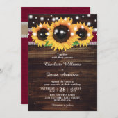 Rustic Wood Burlap Sonnenblume Burgundy Wedding Einladung (Vorne/Hinten)