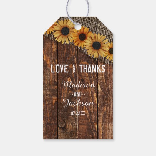 Rustic Wood Burlap Sonnenblume Hochzeit Liebe & Da Geschenkanhänger (Rückseite)