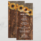 Rustic Wood Burlap Sonnenblumen Country Wedding Me Menükarte (Vorne/Hinten)