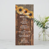 Rustic Wood Burlap Sonnenblumen Country Wedding Me Menükarte (Stehend Vorderseite)