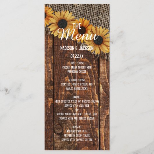 Rustic Wood Burlap Sonnenblumen Country Wedding Me Menükarte (Vorderseite)