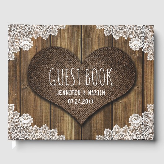 Rustic Wood Burlap und Lace Wedding Gästebuch (Vorderseite)