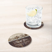 Rustic Wood Burlap und Lace Wedding Vielen Dank Runder Pappuntersetzer (Vor Ort)