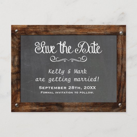 Rustic Wood CHALKBOARD Save the Date Postkarte (Vorderseite)