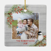 Rustic Wood Christmas Family Foto Chickadee Keramikornament (Rückseite)
