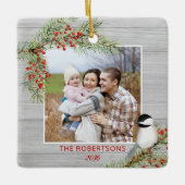 Rustic Wood Christmas Family Foto Chickadee Keramikornament (Vorderseite)