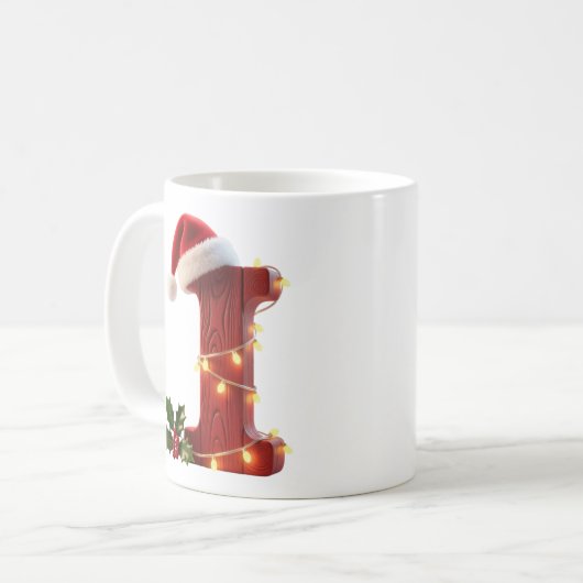 Rustic Wood Christmas Letter I String Lights Kaffeetasse (Vorderseite Links)