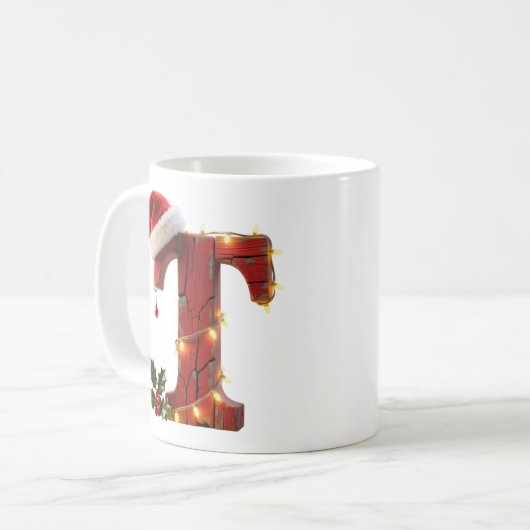 Rustic Wood Christmas Letter T String Lights Kaffeetasse (Vorderseite Links)