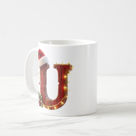 Rustic Wood Christmas Letter U String Lights Kaffeetasse (Vorderseite Links)