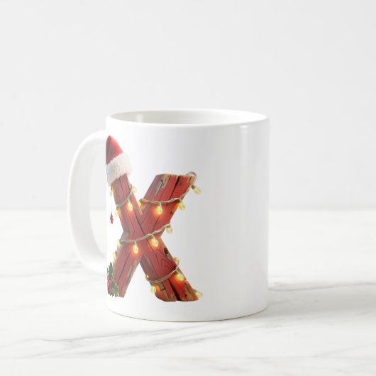 Rustic Wood Christmas Letter X String Lights Kaffeetasse (Vorderseite Links)