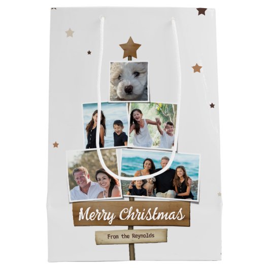 Rustic Wood Christmas Tree | 5 Fotos Collage Mittlere Geschenktüte (Rückseite)