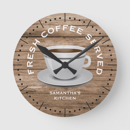 Rustic Wood Coffee Theme Farmhouse Kitchen Runde Wanduhr (Vorderseite)