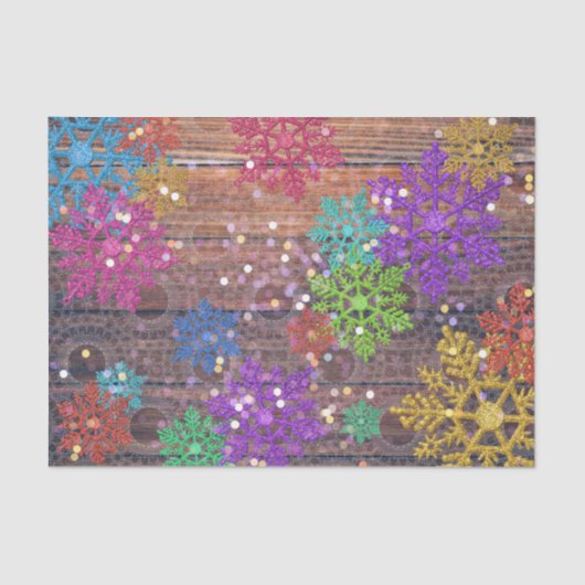 Rustic Wood Colorful Glitter Snowflakes Christmas Seidenpapier (Vorderseite)