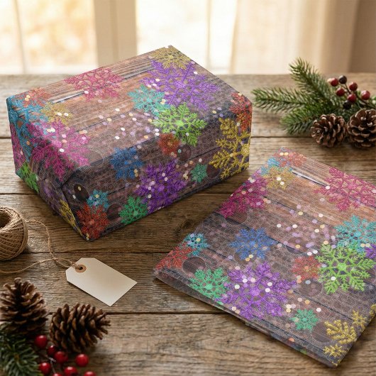 Rustic Wood Colorful Glitter Snowflakes Christmas Seidenpapier