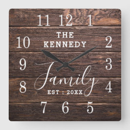 Rustic Wood Country Farmhouse Family Name Quadratische Wanduhr