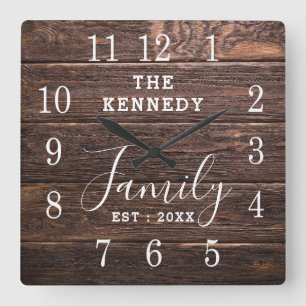 Rustic Wood Country Farmhouse Family Name Quadratische Wanduhr