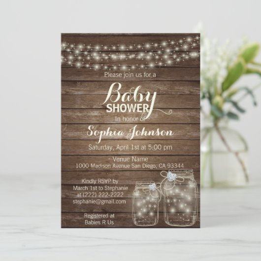 RUSTIC Wood Country Mason Jars Kinderdusche Einladung (Stehend Vorderseite)