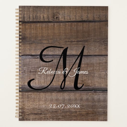 Rustic Wood Country Monogram Script Wedding Planer (Vorderseite)