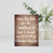 Rustic Wood Country Script Save the Date Postkarte (Stehend Vorderseite)