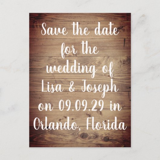 Rustic Wood Country Script Save the Date Postkarte (Vorderseite)
