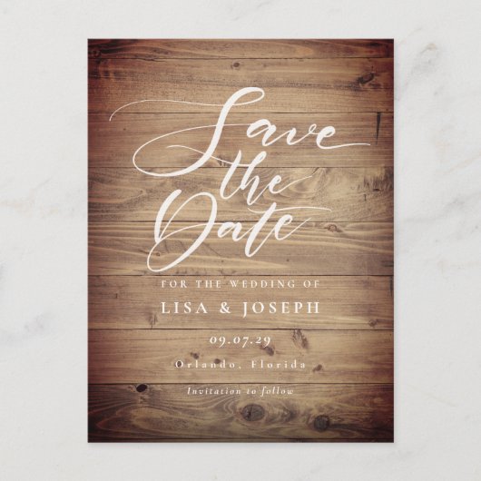 Rustic Wood Country Script Save the Date Postkarte (Vorderseite)