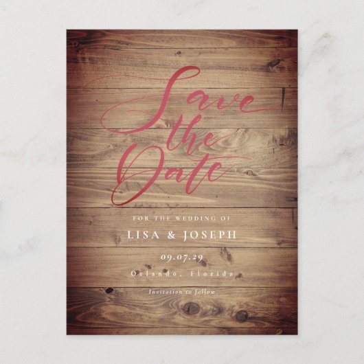 Rustic Wood Country Script Save the Date Postkarte (Vorderseite)