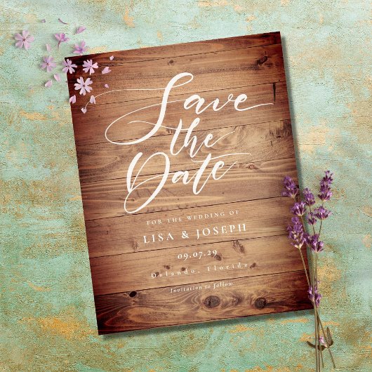 Rustic Wood Country Script Save the Date Postkarte
