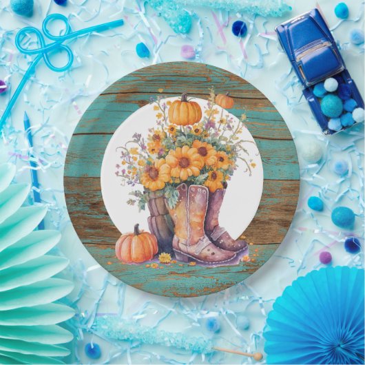 Rustic Wood Cowboy Boots Pumpkins Fall Pappteller (Party)