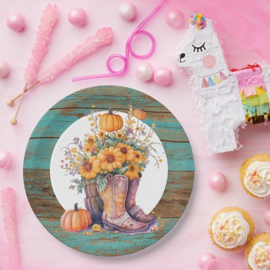 Rustic Wood Cowboy Boots Pumpkins Fall Pappteller (Party)