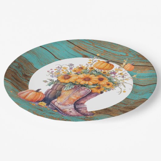 Rustic Wood Cowboy Boots Pumpkins Fall Pappteller (Schrägansicht)