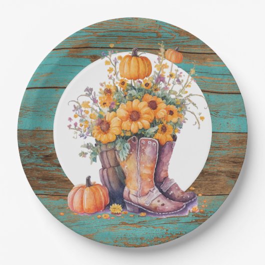 Rustic Wood Cowboy Boots Pumpkins Fall Pappteller (Vorderseite)