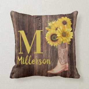 Rustic Wood Cowgirl Boots Sunflowers Monogram Name Kissen