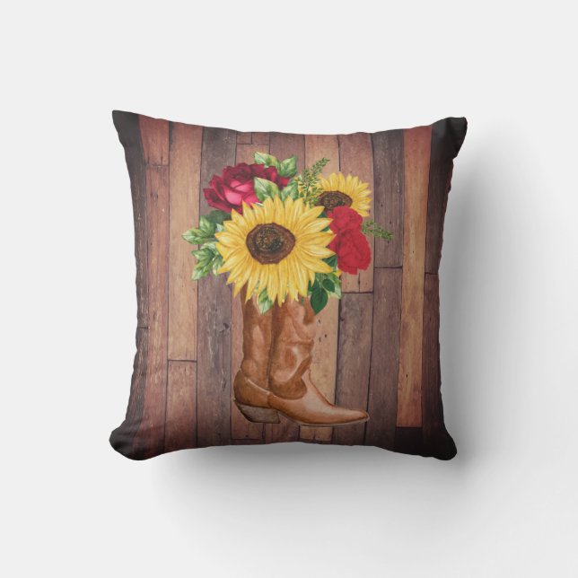 Rustic Wood Cowgirl Boots Sunflowers Rose Kissen (Vorderseite)