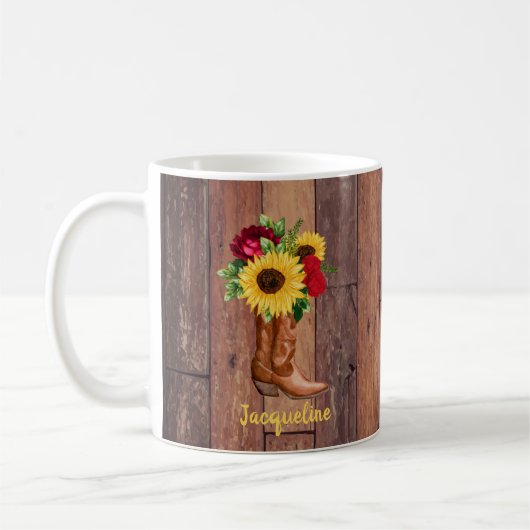 Rustic Wood Cowgirl Stiefel Sonnenblumen Rose Cust Kaffeetasse (Links)