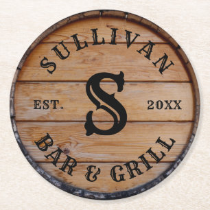 Rustic Wood Custom Family Name Monogram Initial Runder Pappuntersetzer