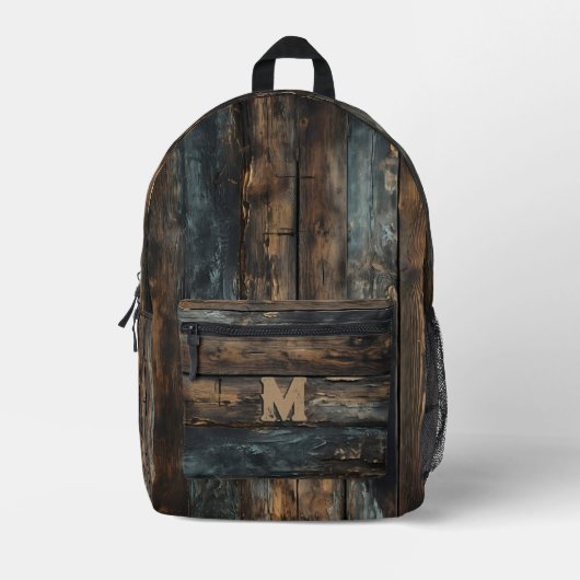 Rustic Wood Custom Monogram Backpack Bedruckter Rucksack (Vorderseite)