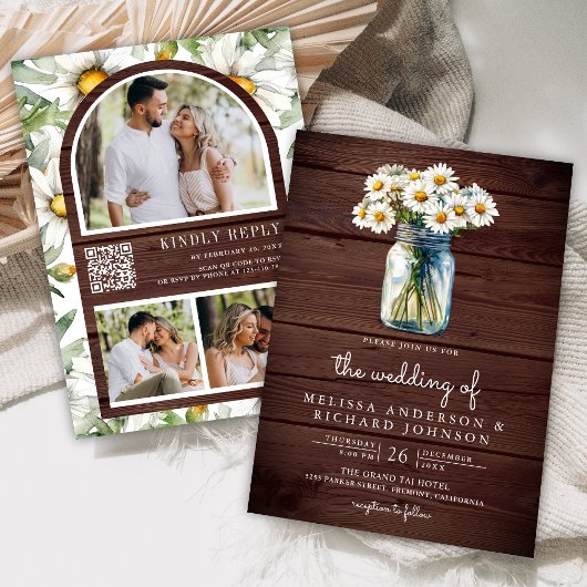 Rustic Wood Daisies Mason Jar QR Code Wedding Einladung