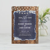 Rustic Wood Denim Foto Cowboy Wedding Rett Date Einladung (Stehend Vorderseite)